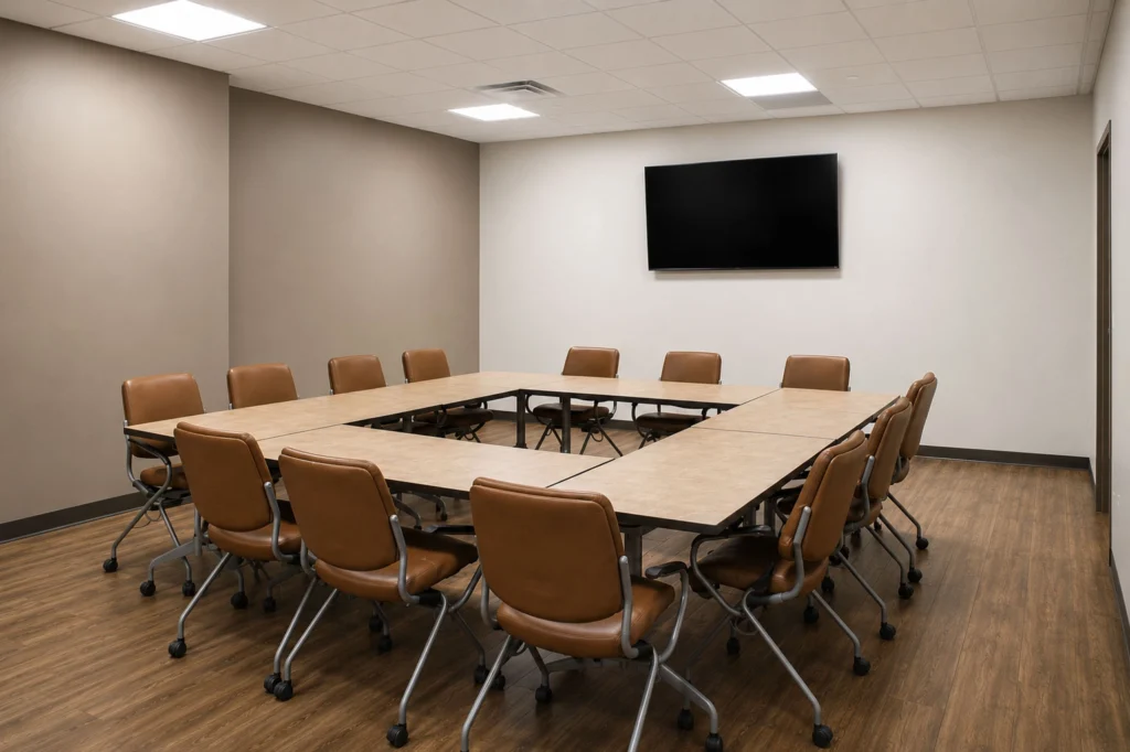 Catalpa Health conference room with modular meeting tables, comfortable seating, and integrated audiovisual technology for staff collaboration and training.