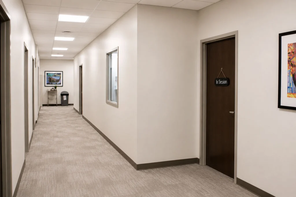Interior hallway at Catalpa Health featuring private counseling offices, clean modern finishes, neutral colors, and a welcoming healthcare environment designed to support behavioral health services.