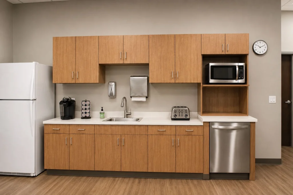 Staff break room and kitchenette at Catalpa Health featuring custom cabinetry, solid-surface countertops, modern appliances, and functional workspace amenities.