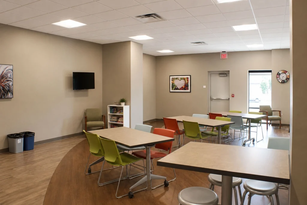Catalpa Health community room featuring flexible seating, collaborative tables, colorful chairs, and a welcoming environment designed for group activities and behavioral health services.