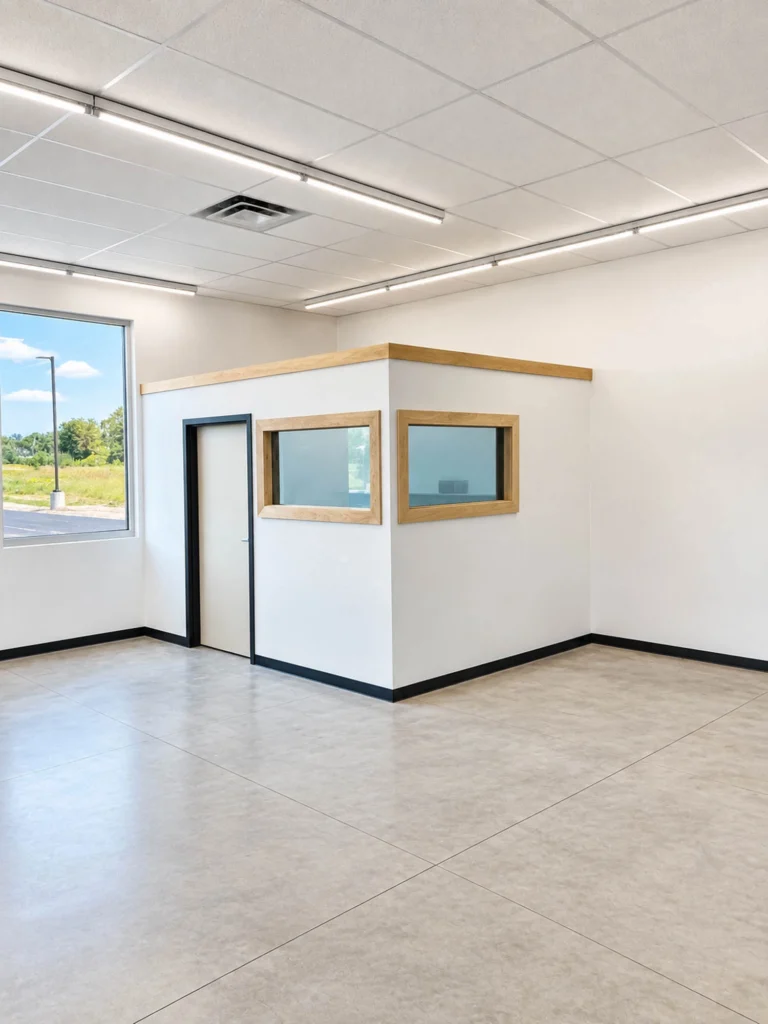 Spacious interior of the new Dollar Tree in Howard before store fixtures were installed, showcasing the open retail floor, bright overhead lighting, structural columns, and front entrance.