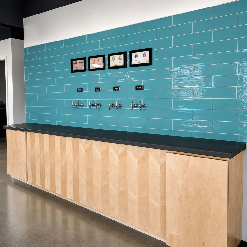 Fetch, Play + Sip self-serve beverage station featuring multiple tap handles, a bold blue tile accent wall, and custom bar cabinetry within the dog-friendly social venue.
