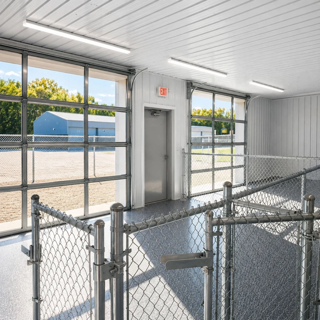 Indoor dog play area at Fetch, Play + Sip featuring gated pet enclosures, durable flooring, overhead garage doors, and bright natural light designed for safe off-leash recreation.