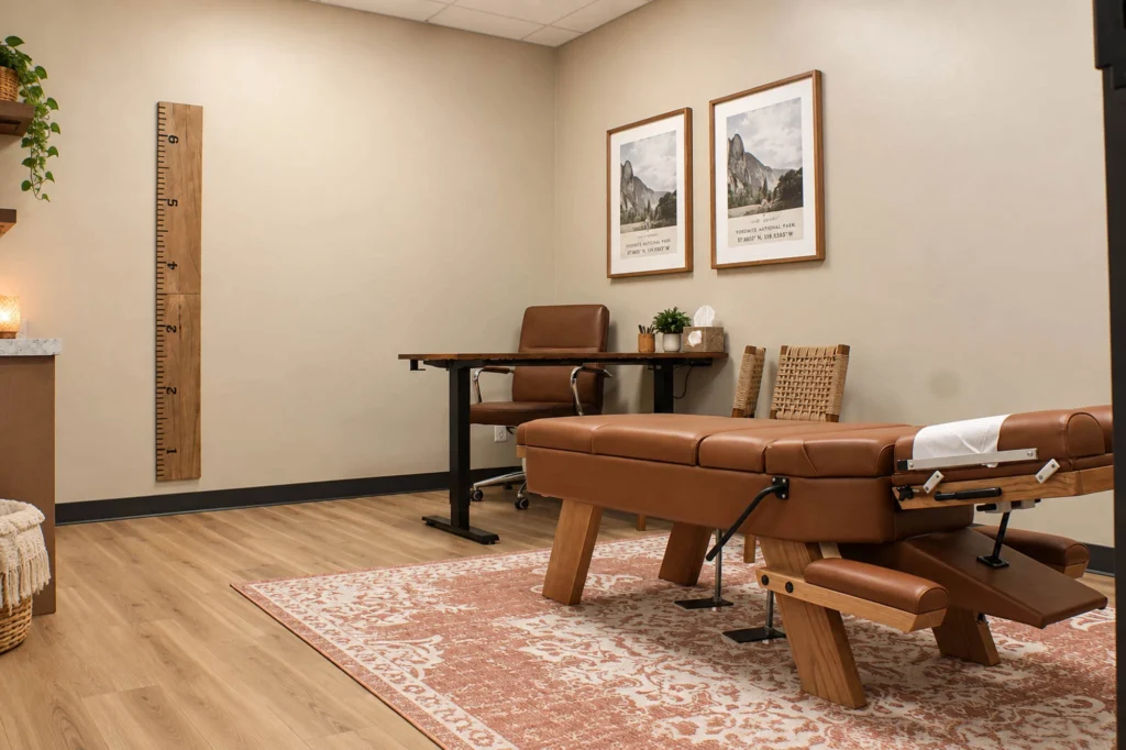 Treatment room at Flow Family Chiropractic in Kaukauna featuring a chiropractic adjustment table, warm wood flooring, neutral finishes, a height chart, and comfortable natural-inspired décor.