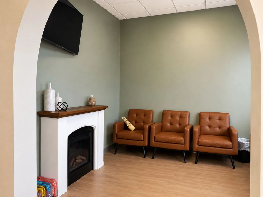 Comfortable waiting area at Fox Crossing Chiropractic with lounge seating, a decorative fireplace, calming colors, and amenities designed to enhance the patient experience.