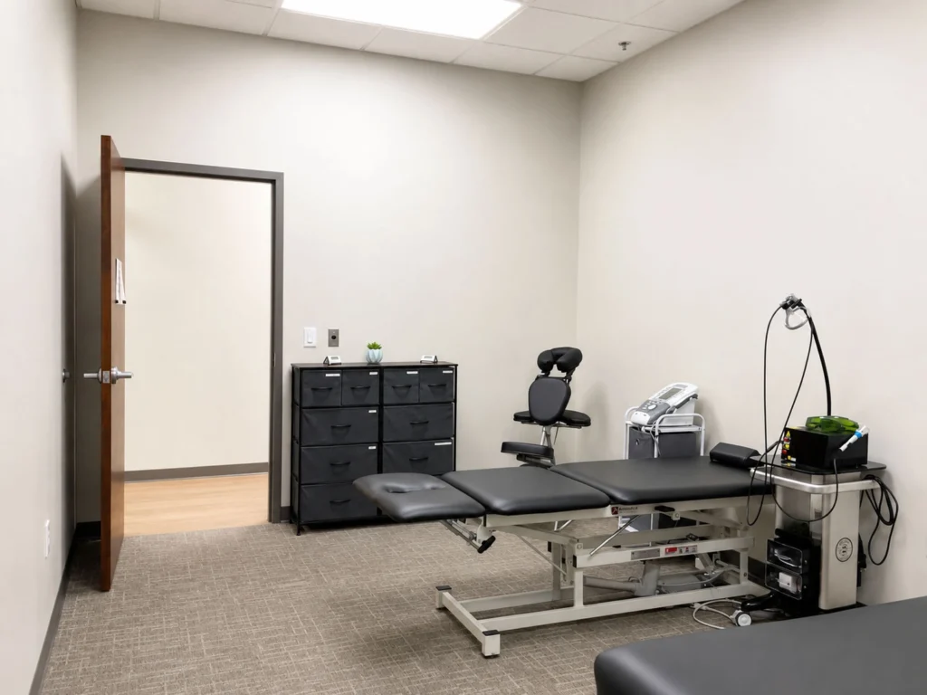 Private treatment room at Fox Crossing Chiropractic equipped with a chiropractic adjustment table, therapy equipment, and functional clinical workspace for patient care.