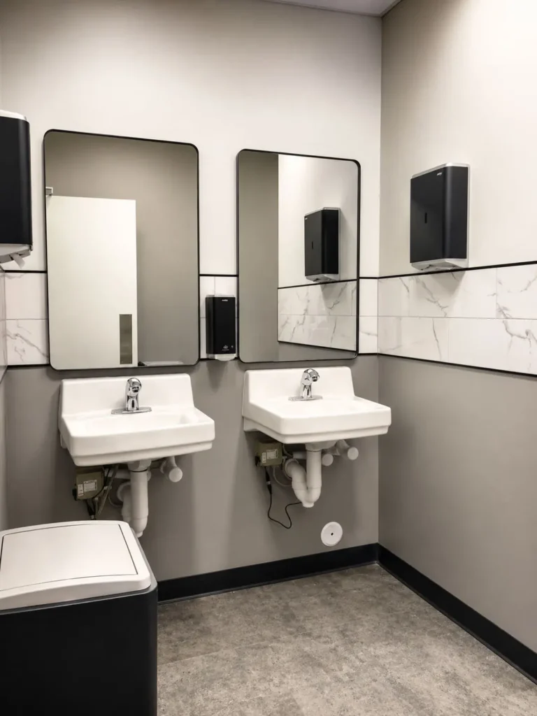 Modern restroom at Gathering Hub featuring dual wall-mounted sinks, contemporary mirrors, marble-look tile accents, and clean durable finishes for event guests.