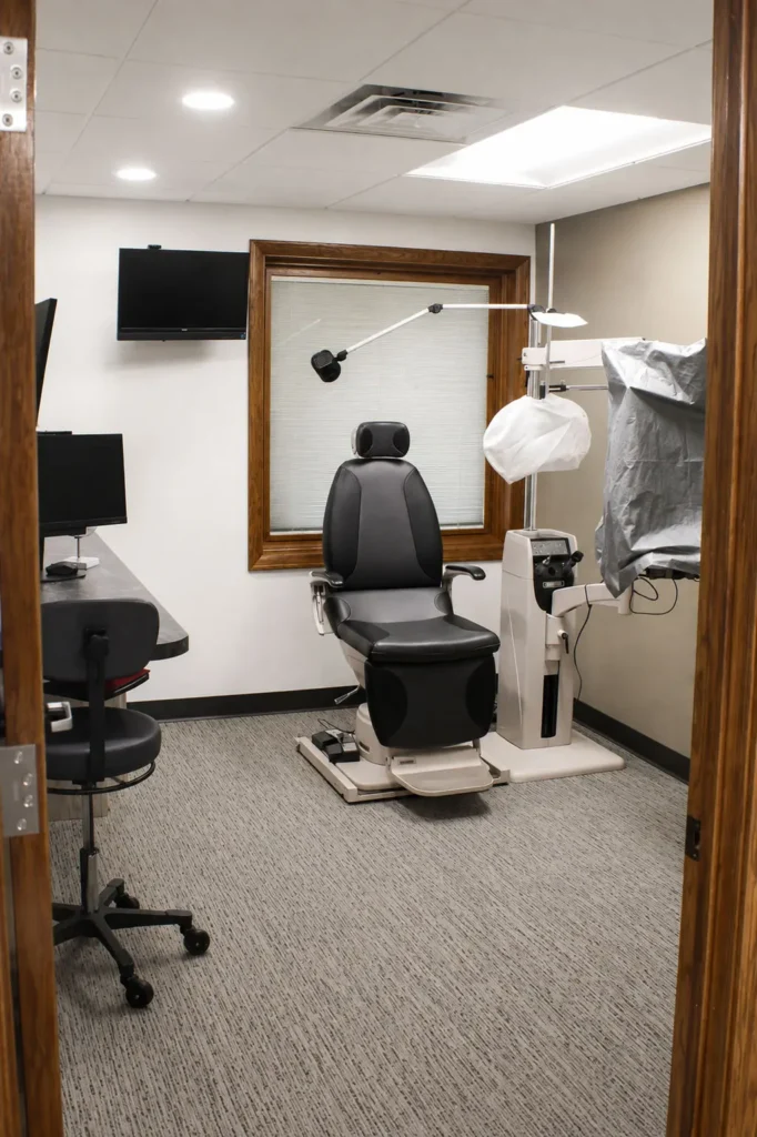 Examination room at Griebenow Eye Care equipped with advanced eye care technology, diagnostic equipment, and a modern clinical setting designed to support comprehensive patient care.