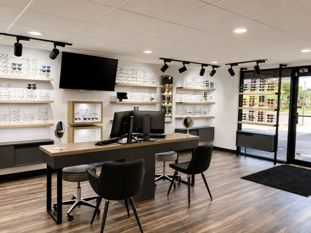 Optical showroom at Griebenow Eye Care featuring eyewear displays, consultation seating, modern lighting, and a welcoming retail space for selecting prescription glasses and sunglasses.