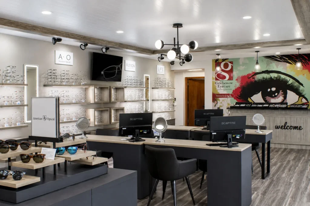 Optical showroom at Griebenow Eye Care in New London featuring modern eyewear displays, consultation stations, custom lighting, and a welcoming environment for selecting prescription glasses and sunglasses.