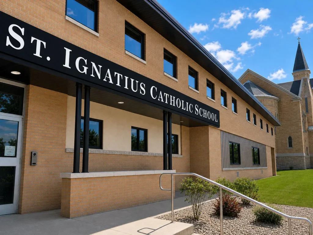 Main entrance of St. Ignatius Catholic School featuring updated exterior finishes, prominent school signage, accessible entryway, and adjacent historic church architecture in Kaukauna, Wisconsin.