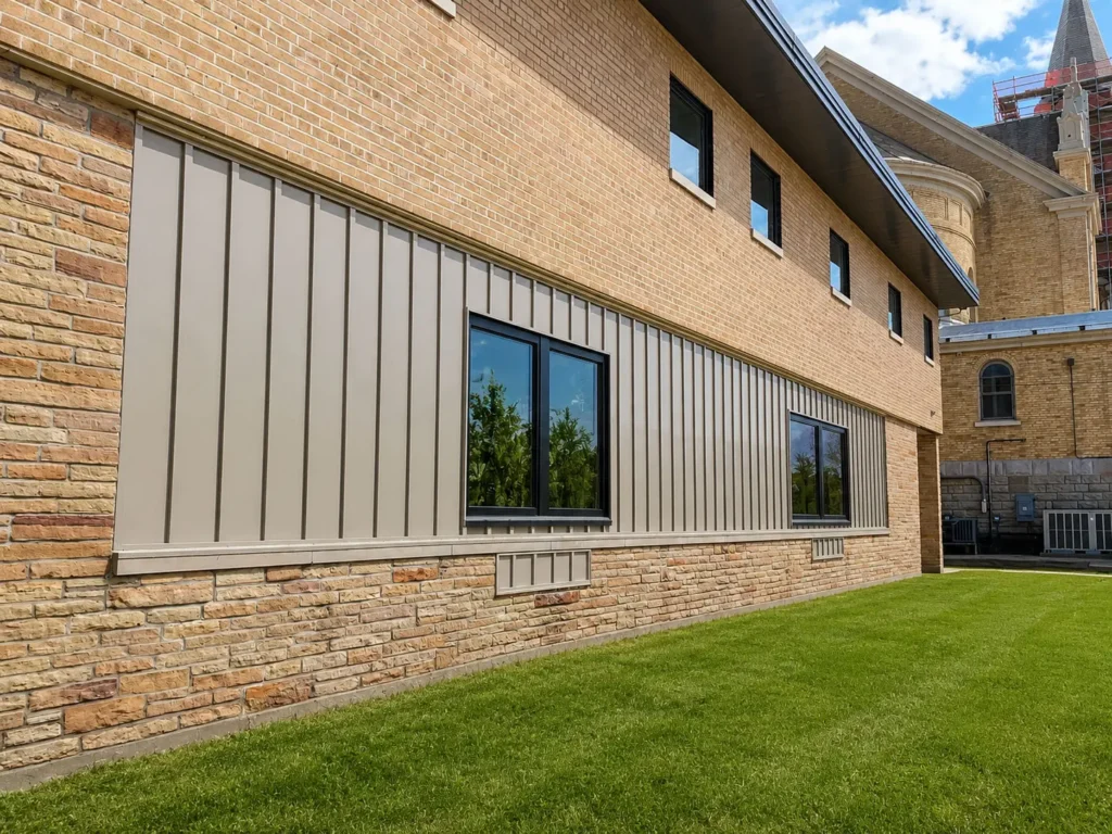 Exterior renovation at St. Ignatius Catholic School showcasing durable steel facade panels, updated windows, and restored building materials designed to protect and preserve the historic school facility.