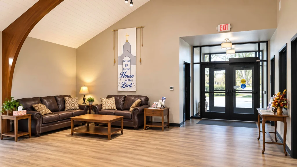 Exterior of the St. Paul’s Lutheran Church addition in Clintonville featuring gray siding, brick accents, a covered entrance, new walkways, landscaping, and an expanded parking area.