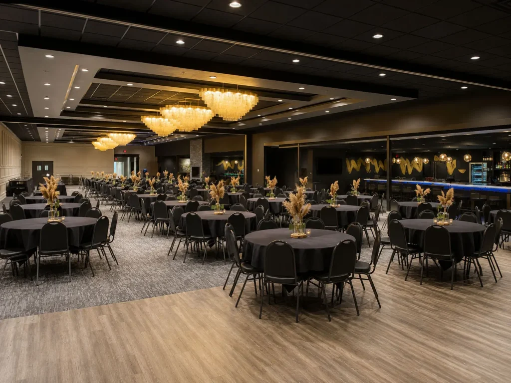 Renovated event venue at Stadium View Sports Bar showcasing an expansive banquet space, contemporary lighting, round guest tables, and seamless access to the adjoining hospitality and bar area.