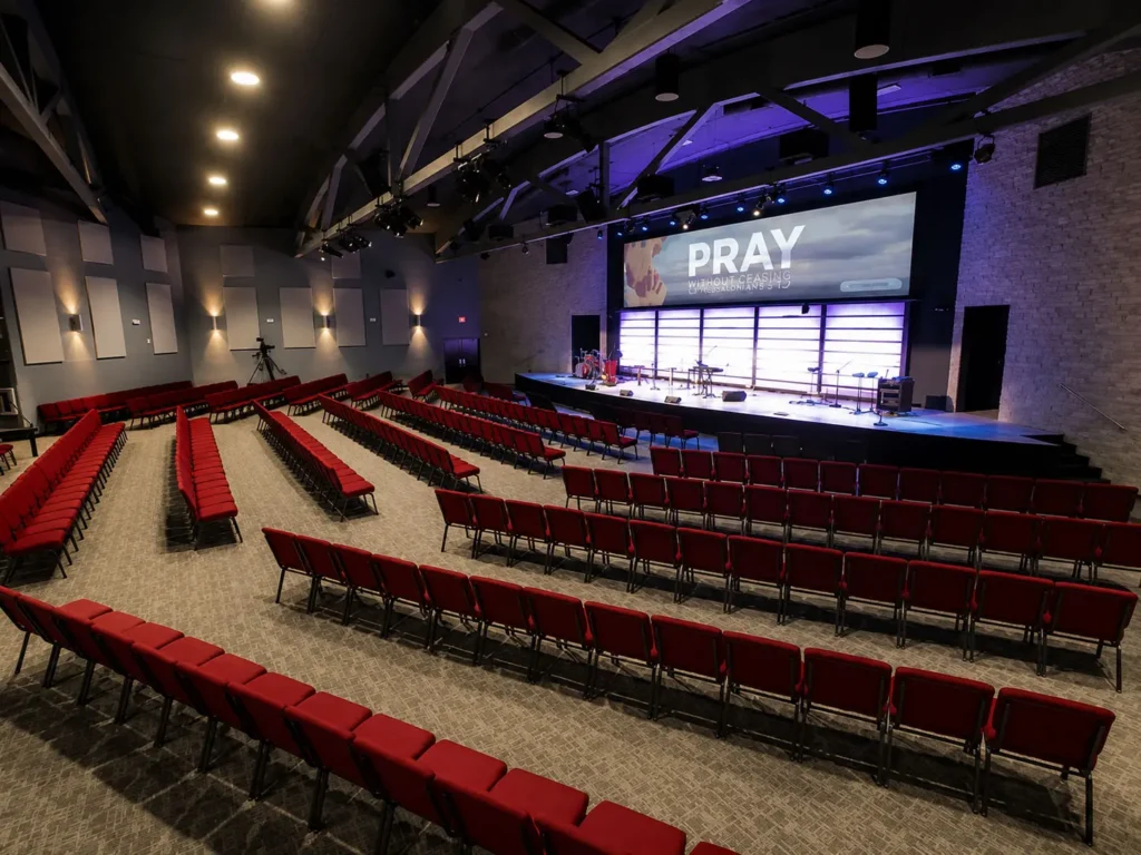 Worship auditorium at 922 Ministries The Core showcasing a modern stage, integrated lighting and audiovisual technology, and flexible seating for church services and community events.