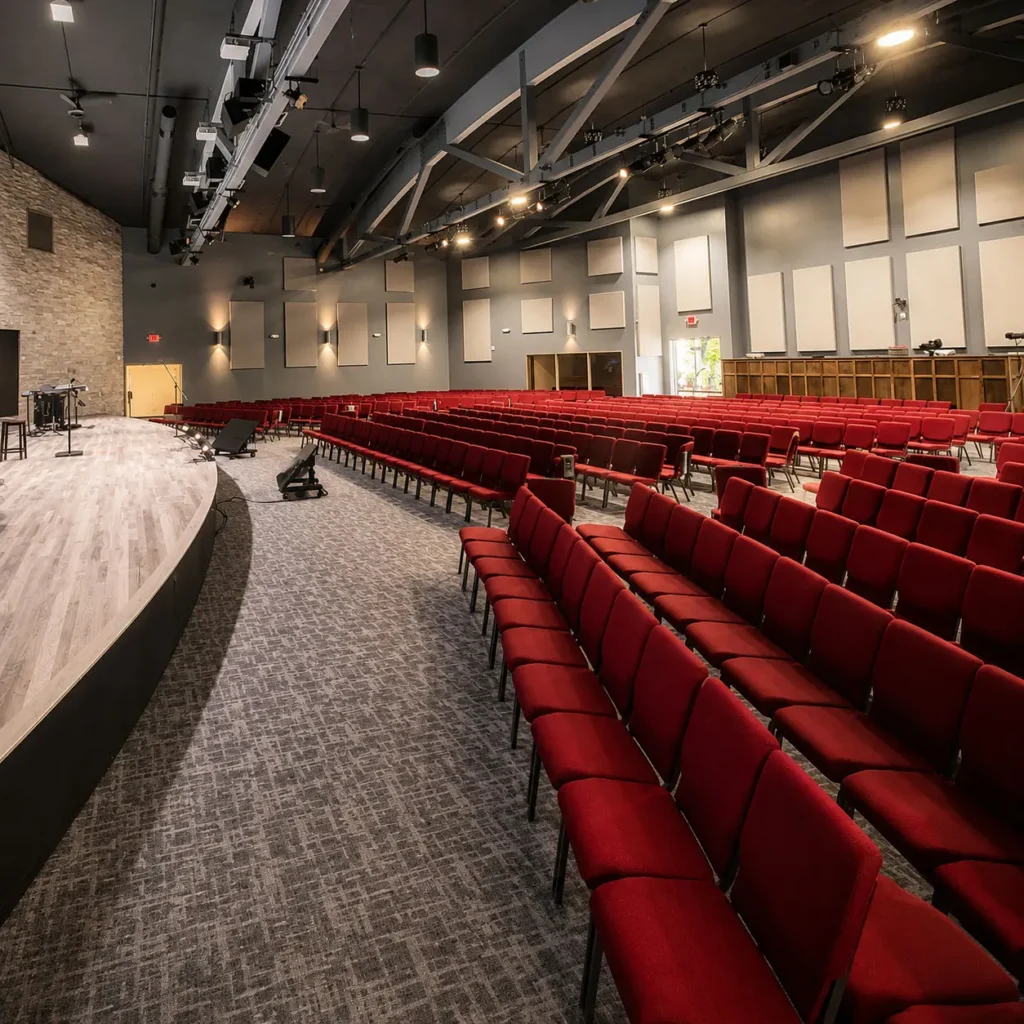 Sanctuary at 922 Ministries The Core featuring rows of red auditorium seating, a large worship stage, acoustic wall panels, and contemporary architectural design for large congregational gatherings.